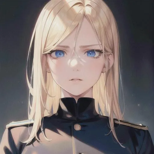 Prompt: (masterpiece, illustration, best quality:1.2), portrait, mad expression, mature look, death stare, eye bags under eyes, pixie style blonde hair, blue eyes, all black German soldier uniform, best quality face, best quality, best quality skin, best quality eyes, best quality lips, ultra-detailed eyes, ultra-detailed hair, ultra-detailed, illustration, colorful, soft glow, 1 girl