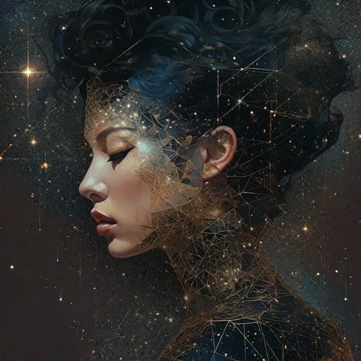 Prompt: "Woman in high heels: highly detailed : nacreous filigree : intricate motifs : organic tracery : by Android jones : Januz Miralles : Hikari Shimoda : constellations map by W. Zelmer : perfect composition : digital painting : artstation : smooth : sharp focus : sparkling particles"