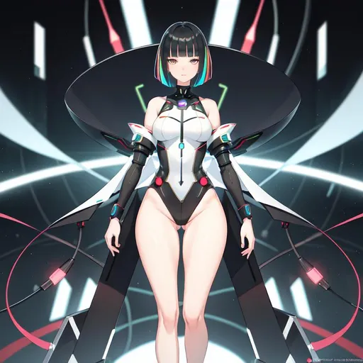 Prompt: a lonely AI girl, very tall, thick thighs, wide hips, long legs, slender waist, big symmetrical eyes, aloof expression, bob haircut with bangs, colorful Surrealist art style, 12K resolution, hyper quality, hyper-detailed, depth of field