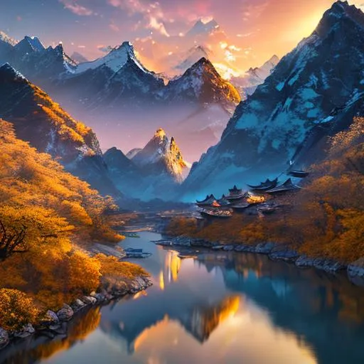 Prompt: China, a highly detailed and professional illustration of a Himalayan landscape, last rays of the sunset gold peaks, river, lake,

masterpiece photoghrafic real digatal ultra realistic hyperdetailed iridescent reflection, cinematic light, movie volumetric lighting maximalist photo illustration 4k, resolution high res intricately detailed complex, soft focus, realistic, heroic fantasy art, clean art, professional, colorful, rich deep color, concept art, CGI winning award, UHD, HDR, 8K, RPG, UHD render, HDR render, 3D render cinema 4D