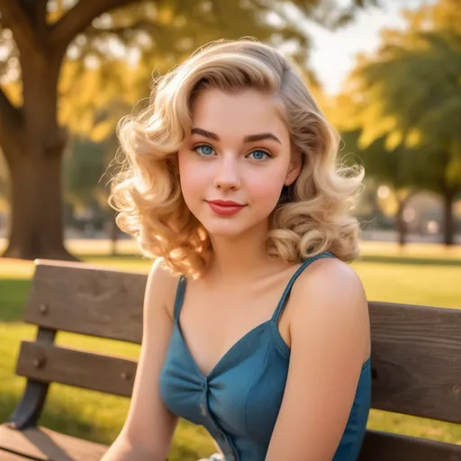 Prompt: "1950s-inspired pin-up artwork, vibrant and warm colors, a sweet young teenage woman with a dreamy, innocent aura, sitting playfully on a wooden park bench under a big oak tree at golden hour. She has soft wavy blonde hair in a retro shoulder-length style, subtle curls framing her heart-shaped face, big sparkling blue eyes filled with hope, flushed cheeks, glossy pink lips in a shy smile. She's wearing a pastel pink short-sleeved blouse tied at the waist, paired with a high-waisted light blue skirt that flutters gently around her knees. White ankle socks and classic saddle shoes. A handwritten love letter rests in her lap, covered in little hand-drawn hearts. She fidgets with the hem of her skirt nervously, looking up expectantly toward the viewer. Soft sunlight filters through the leaves, casting a nostalgic, dreamy glow. The mood is playful, wistful, and tender, capturing the spirit of 1950s teenage innocence and first crushes."
