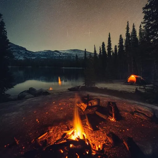 Prompt: Nordic camp, fire, sparks, night, sky, glow, rain, magical, lights 