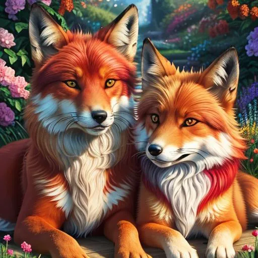 Prompt: (3D, 8k, masterpiece, oil painting, professional, UHD character, UHD background) Portrait of Todd and Vixey, Fox and Hound, brilliant red fur, brilliant amber eyes, big expressive 8k eyes, sweetly peacefully smiling, enchanted garden, vibrant flowers, vivid colors, lively colors, vibrant, high saturation colors, highly detailed fur, highly detailed eyes, highly detailed defined face, highly detailed defined furry legs, highly detailed background, full body focus, UHD, HDR, highly detailed, golden ratio, perfect composition, symmetric, 64k, Kentaro Miura, Yuino Chiri, intricate detail, intricately detailed face, intricate facial detail, highly detailed fur, intricately detailed mouth