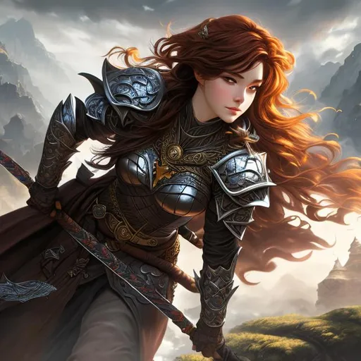 Prompt: Game art D&D, Fantasy, High Fantasy, intricate details, medium shot, detailed background, detailed face, detailed armor, detailed weapon, Auburn haired, photo realistic 