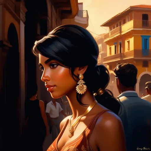 Prompt: Third person, gameplay, Cuban girl, tan skin, black hair, brown eyes, Havana, golden atmosphere, cartoony style, extremely detailed painting by Greg Rutkowski and by Henry Justice Ford and by Steve Henderson 