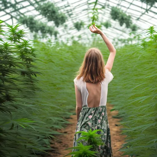Prompt: realistic version of a lady with her back towards us and arms in the air in a field filled with real cannabis plants. she is smelling the air and happy that it is spring while wearing a dress 