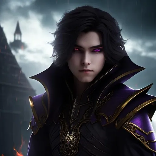 Prompt: Evil 17 year old boy in dark skeleton amour and robes, good looking, brown hair parted to the side, hyper realistic details, cinematic lighting, close up, half body, with fiery purple eyes
