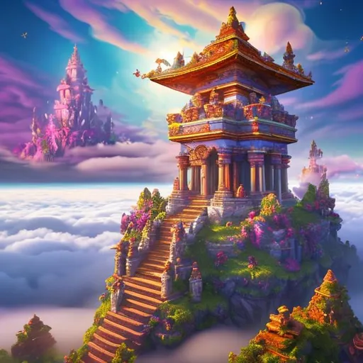Prompt: A small temple of the dream realm floating above clouds in the sunny sky multi colourful 4k high quality beautiful fantasy 
