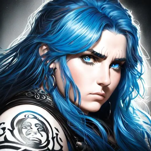 Prompt: a painting of a heavyweight woman with bright blue long wavy hair, round face, chubby face, by Luis Royo, amy sol in the style of, neon color scheme art rendition, annoyed expression, tattoos, detailed facial structure, (((barbarian))), (((warrior))), ready for battle, black and white artwork, idealised, pastel drawing, digital art of an elegant, artgram, female water elemental, pinterest anime, charli bowater and artgerm