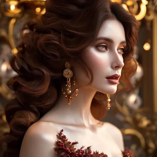 Prompt: gorgeous 28-year-old woman, in a flowing crimson silk dress, stunning, long flowing brown hair, clean face, showing in 4k format, intricate work of magical art, almost ethereal, in cgsociety trends, complex, epic, from Ilya Repin, very detailed bright, staged rendering of the character, super high quality model, beautiful face, flowing long locks, slight smirk on her lips, background in style bokeh
