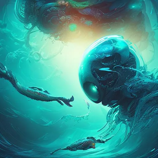 Prompt: "Imagine an AI-powered artist exploring the depths of a cosmic ocean. Through strokes of digital paint, it brings to life undiscovered sea creatures and vibrant underwater worlds that have never been seen before. Show me the masterpiece it creates as it unveils the mysteries of this imaginative aquatic realm."