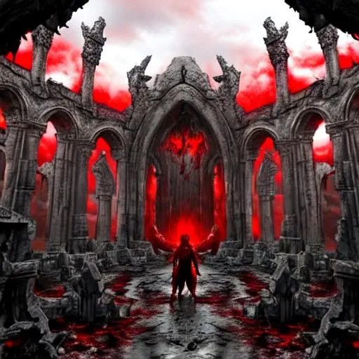 Prompt: Super detailed Lucifer's Ruins, Blood red sky, Devilish figure, demonic rituals, dark, evil, gray, bloody, blood rain, Berserk
