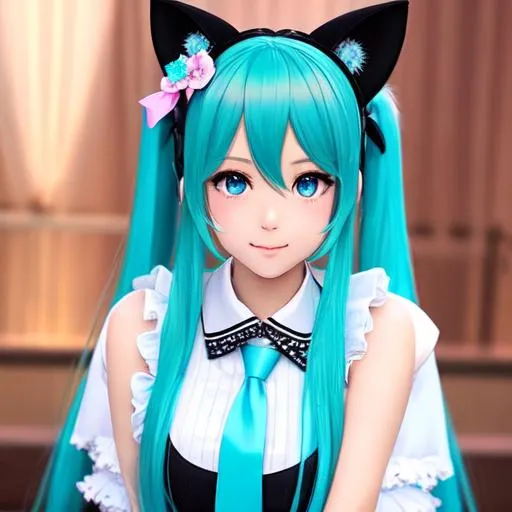 Prompt: Hatsune Miku girl, realistic, magic, wears magical clothes, beautiful, black diadem, blue eyes, blue Hair, pigtails, cat ears, cute, pretty, lovely, 