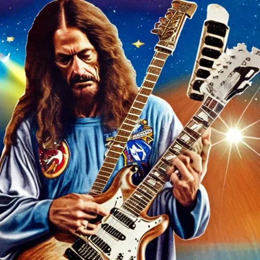 Prompt: actual photo of astronaut jesus playing guitar with hawkwind, surprise me