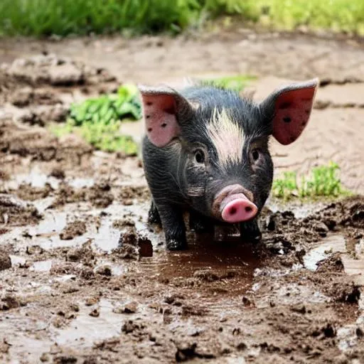 Prompt: 
baby pig playing in the  mud in broad daylight