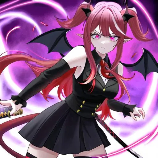 Prompt: Haley  as a demon (multi-color hair) (multi-color eyes)(she has horse ears) holding a katana, fighting, in a gunfight, bullets flying, fighting in a rural area, angry, (demon tail), (demon wings), lunging at the center, flying in the air