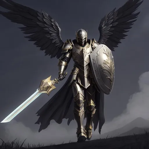 Prompt: paladin man, spectral wings, black wings, morning sky, grey, gold, red, hd, alone, dramatic, complete sword, open helmet, large shield on left arm, open field, floor, straight, god rays, battlefield background, short guard