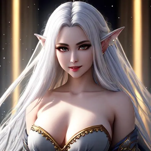 Prompt: Oil painting, Chiaroscuro, landscape, UHD, 8K, highly detailed, panned out view of the character, visible full body, ethereal, unnatural grey-skinned vampire girl, beautifully detailed face, discrete smile, white hair with precious gems, barely clothed, golden scales. She is a moon priest of the elven kingdom. She wears a fishnet made of gold and silver, emerald jewelry, and silver lace stockings with gold trim. (She is looking through a window of a high tower in an elven kingdom). 