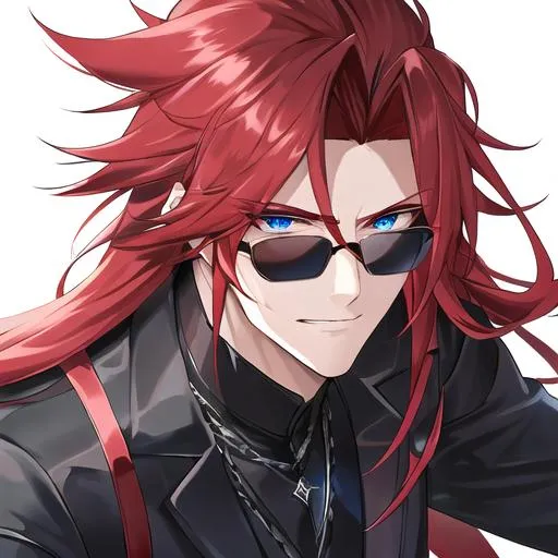 Prompt: Zerif 1male (Red side-swept hair falling between the eyes, sharp and sassy blue eyes), highly detailed face, 8K, Insane detail, best quality, UHD, handsome, flirty, muscular, Highly detailed, insane detail, high quality. wearing a tight black shirt and tight black pants, black sunglasses resting on his head
