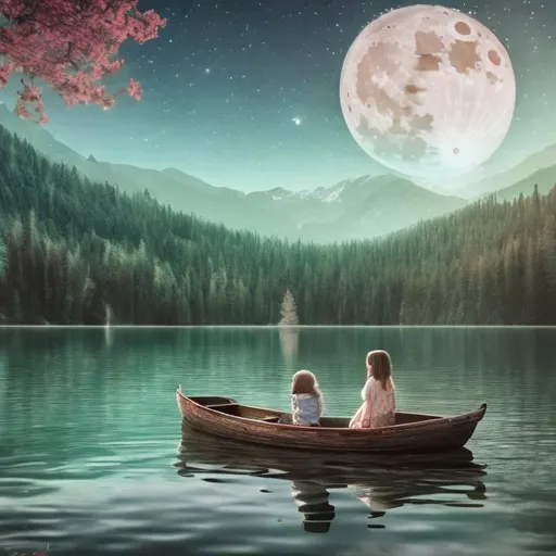 Prompt: mystical nature, may green trees, full moon, lake in between mountains, little wooden boat with boy and girl