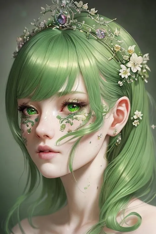 Prompt: ((best quality)), ((masterpiece)), ((realistic)), (detailed) illustration photographic , beautiful face, cute, poison queen, green hair colour, perfect composition,elegant, hd octane render, messy wob cut,high resolution scan, masterpiece, hyperrealism, delicate detailed complex, highly detailed, intricate detailed, volumetric lighting, light reflection, highly detailed concept art, trending on artstation, vivid colors, melancholic, green background, loneliness, depressing, hopelessness, suffering
(((close up face shoot))), dim lights, 8k uhd, realistic, Nikon z9, raytracing, focus face, (sharpness:2. 0)
