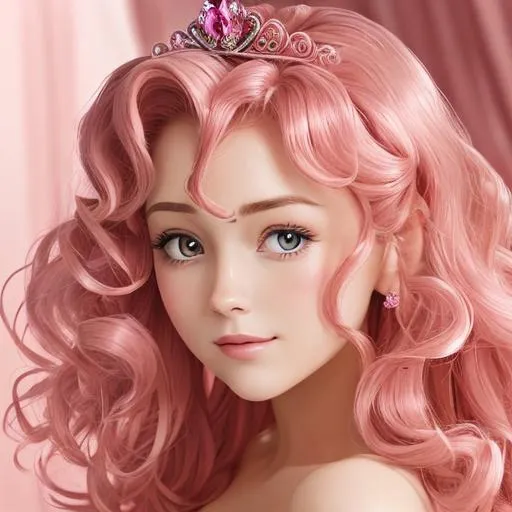 Prompt:  princess wearing pink, curled hair at sides of face, facial closeup