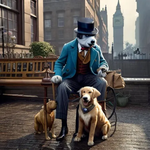 Prompt: An Anthropomorphic big old Golden Retriever dog is Mr. Lucky is  wearing dressed business officer in great depression london 1934, Mary poppins returns animated style
