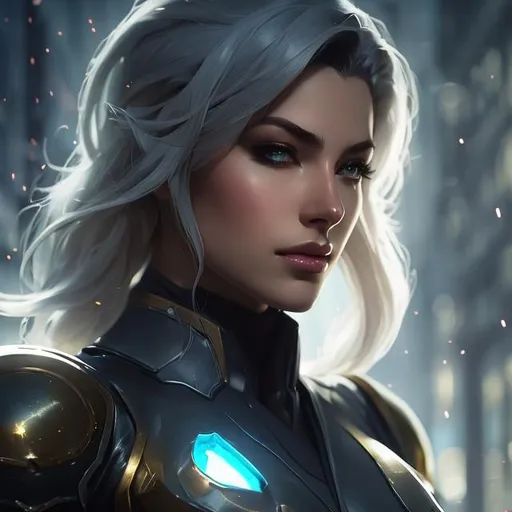 Prompt: upper torso portrait of league of legend's Camille in leather suit, grey hair, soft lighting, perfect composition, cinematic, video game trailer, dramatic, detailed painting, 8k, octane render, by makoto shinkai, stanley artgerm lau, wlop, rossdraws, concept art, digital painting, looking into camera,