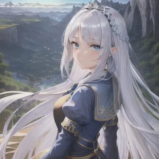 Prompt: 1 girl, highly detailed blue eyes, highly detailed face, innocent looking, regal looking, regal, 8k UHD, young girl, divine, highly detailed blue dress, long sleeved, anime, long dress, fully clothed, fantasy kingdom backdrop, highly detailed back braided silver hair, slight front bangs, scenic view landscape, magical feel, aerial view, idyllic, overhead shot, determined