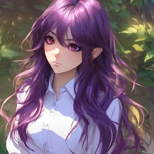 Prompt: Please produce a beautful, gorgeous, semi realistic, anime woman, with long purple hair, button up shirt