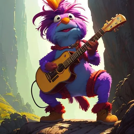 Prompt: Highly detailed full-body portrait of a Fraggle playing guitar from the show Fraggle Rock, cace setting, unreal engine, fantasy art by Greg Rutkowski, Loish, Rhads, Makoto Shinkai and Lois van baarle, ilya kuvshinov, rossdraws, Tom Bagshaw, global illumination, radiant light, detailed and in