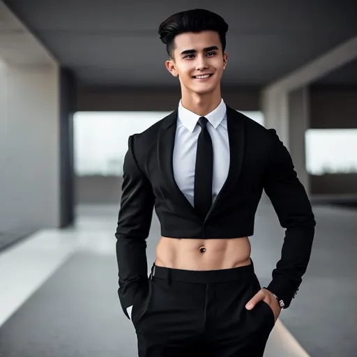 Prompt: crop top, black long sleeve business suit with a black necktie, bare midriff, bare navel, black business suit pants, attractive, 20-years old, determined, long hair, male, man, six pack abs, smiling, hands on hips, sweating, (outside behind building), ((high quality)), 4k, hdr, ((highly detailed)), ((vibrant)),