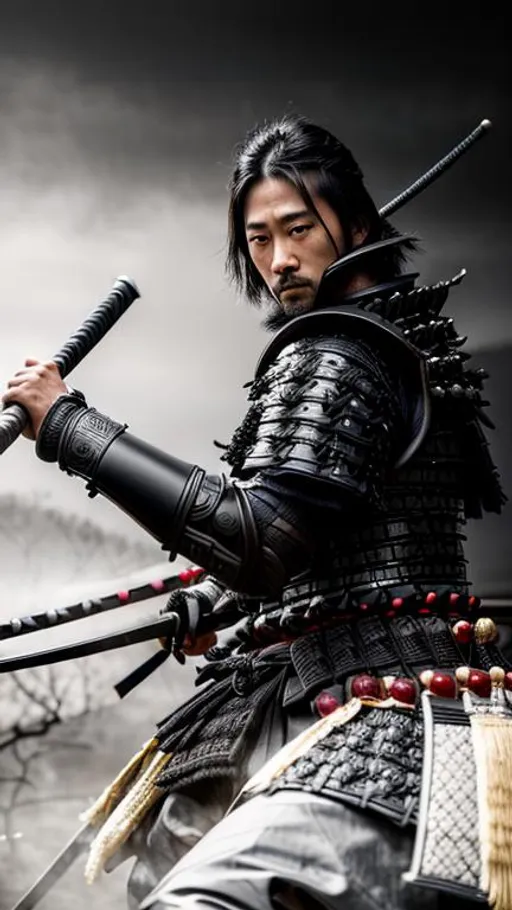 Prompt: Intricately detailed Samurai in Dark grey and Black Colored Samurai Armor, Ronin, Photorealistic, Film Quality, Filmic, Hyperrealistic, Hyperdetailed, Japanese Aesthetic, Beautiful Sword Detail, Striking eyes, Inspired by a young Hiroyuki Sanada, dynamic lighting, Striking, Action pose, Movie Quality, (No Red)