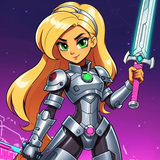 Prompt: Cyberpunk Equestria girls applejack with one long ponytail wearing tech armor and holding a sword