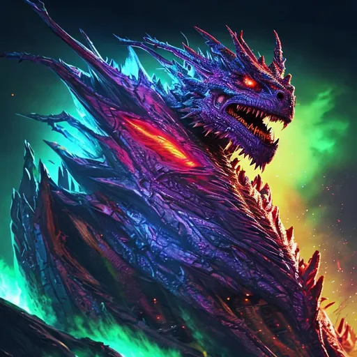 Prompt:  NFT, vibrant colors, Glowing eyes, sharp fang dragon creatures, terrifying looks, very scary dragon with many sharp tooth and organism details on its body, sparks, colorful and multicolor body colour, high contrast multicolor body, with colorful cosmic pattern details in the sky, cinematic, unreal Engine, hyper realistic, 4K, Super HD, highlight pattern, highlight colour, milky way background, dark multicolor theme, scariest dragon, Terrifying looks dragon , colorful dragon, terrifying dragon, highest details, cinematic lights, studio lightning, perfect composition, art, scary dragon