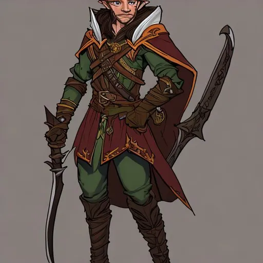 Prompt: Dungeons and dragons portrait style, half elf, male, swashbuckler rogue, coppery-brown medium length hair, trimmed beard, rapier on hip, noble birth.