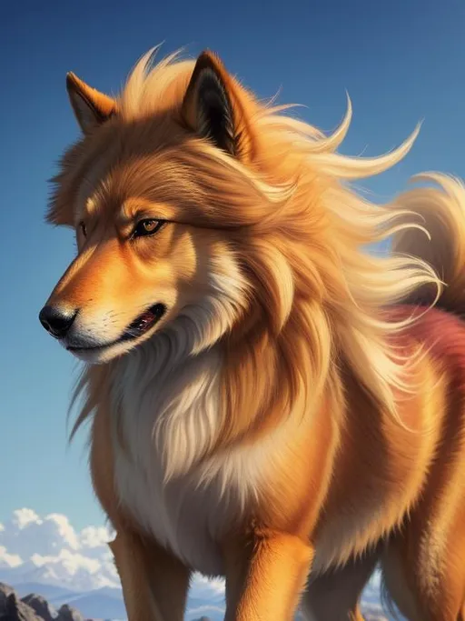 Prompt: 8k, 3D, UHD, masterpiece, oil painting, best quality, artstation, hyper realistic, photograph, perfect composition, zoomed out view of character, 8k eyes, Portrait of a (beautiful Ninetales), {canine quadruped}, thick glistening gold fur, deep sinister (crimson eyes), ageless, lives a thousand years, epic anime portrait, wearing a beautiful (silky scarlet and gold scarf), thick white mane with fluffy golden crest, golden magic fur lighlights, studio lighting, animated, sharp focus, intricately detailed fur, graceful, regal, cinematic, magnificent, sharp detailed eyes, beautifully detailed face, highly detailed starry sky with pastel pink clouds, ambient golden light, perfect proportions, nine beautiful tails with pale orange tips, insanely beautiful, highly detailed mouth, symmetric, sharp focus, golden ratio, complementary colors, perfect composition, professional, unreal engine, high octane render, highly detailed mouth, Yuino Chiri, Anne Stokes