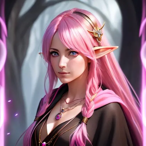 Prompt: portrait photo of a quirky free spirit half-elf female mage with pink messy hair wearing robes, necklace, bug eyes, (backlighting:1.4), digital painting, concept art, smooth, sharp focus, rule of thirds, dark fantasy, intricate details, medium shot, (shallow depth of field:1.1), front view direct, high resolution, realistic art, best resolution, best quality, masterpiece face, masterpiece resolution 