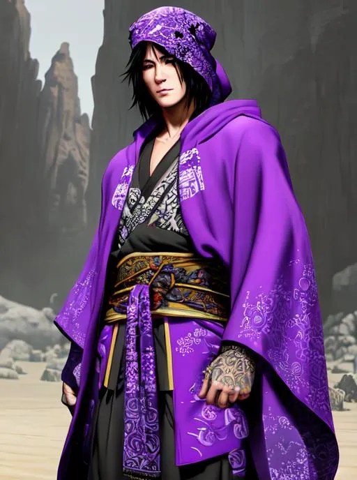 Prompt: World of Warcraft art style, A highly realistic and extremely detailed face full body portrait. Holding a weapon in both hands. Wearing a purple cloak over a his vagabond samurai kimono that he wears under and also Wearing an intricate patterned bandana on his head and Wearing a Cotton Shemagh Tactical Desert Scarf Wrapped on his neck. The character should be modeled after keanu reeves,  a fantastical Ronin young prince with handsome long, messy, and wavy silvery black hair, thin arched eyebrows, and striking bright orange eyes. A handsome Keanu Reeves male character from Warcraft. The artwork should be created in either 4K or 16K resolution and should be of photo realistic quality."
((Width: 512)), ((Height: 627)))