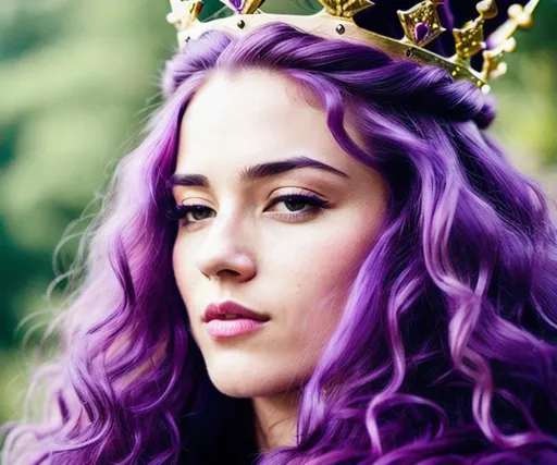Prompt: hyper detailed crown, long purple hair, hyper detailed, realistic, hyper realistic, film quality