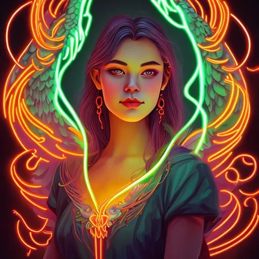 Prompt: a potrait of lady with neon ambience mythical creature orange shade
