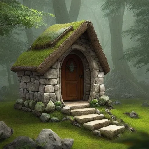 Prompt: A small hut hidden in the middle of a forest with a stone wall in a fantasy style