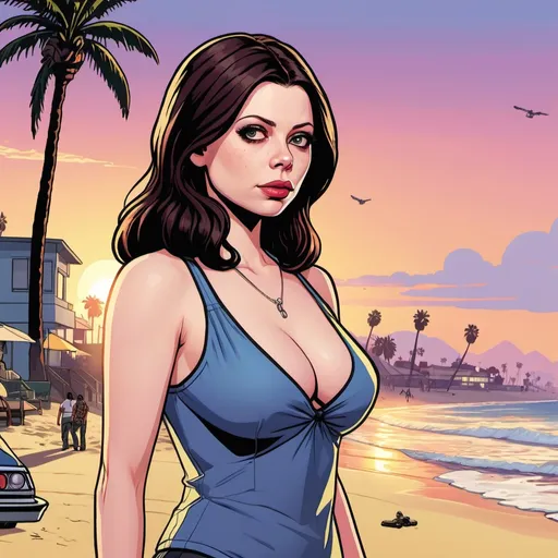 Prompt: GTA V cover art, Michelle Trachtenberg on the beach at sunset, cartoon illustration