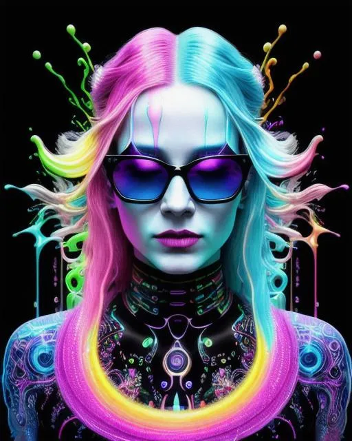 Prompt: Art by (Alex Grey) of a 30 year old cyberpunk woman wearing sunglasses and long thick flowing  (liquid paint bold neon colored cyberpunk hair) made of wet liquid paint and defies gravity (( Alex Grey Style))  ,  trending on artstation , 8k , UHD,   highly detailed, space background, intricate, amazing, trending, paint splatter, paint drops