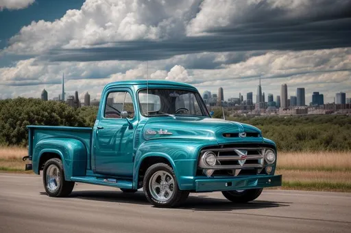 Prompt: A 1953 Ford F-100 driving g away from a vintage American city skyline. Dramatic sky and clouds. 