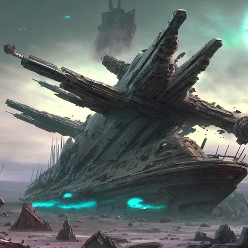 Prompt: star ship wreck rotting ancient war dead planet dead robots battle colors
