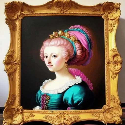 Prompt: Rococo painting, bright colors, royalty