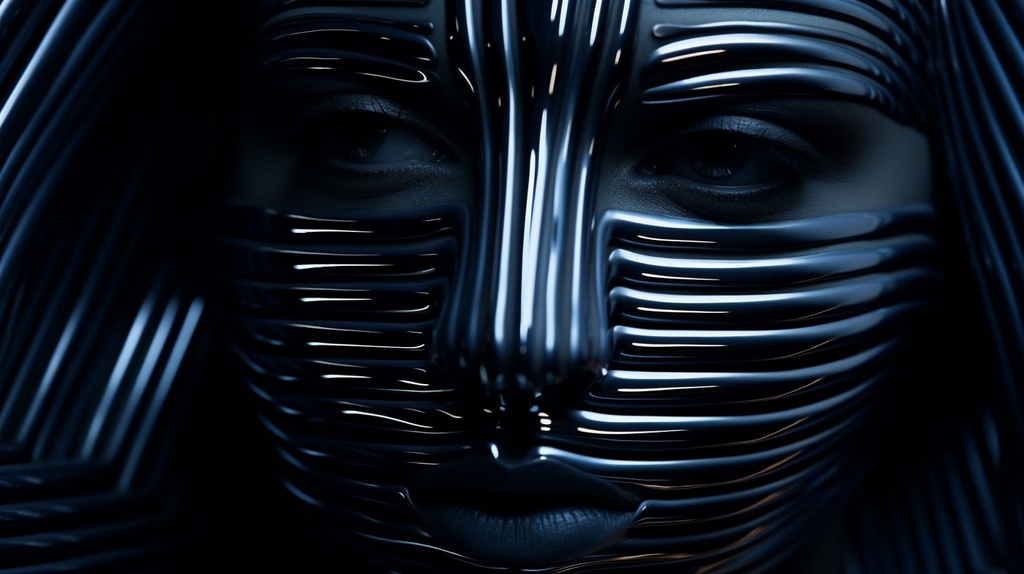 Prompt: 'face in the dark' image from the artist 'apollos tzavahniki', in the style of high-tech futurism, stop-motion animation, horizontal stripes, chrome reflections, light silver and dark navy, mind-bending patterns, futuristic robots