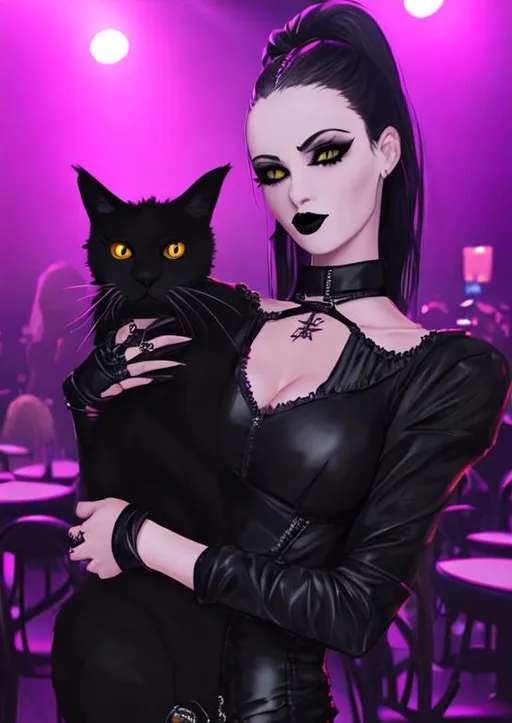 Prompt: Goth woman holding a black cat in a club
