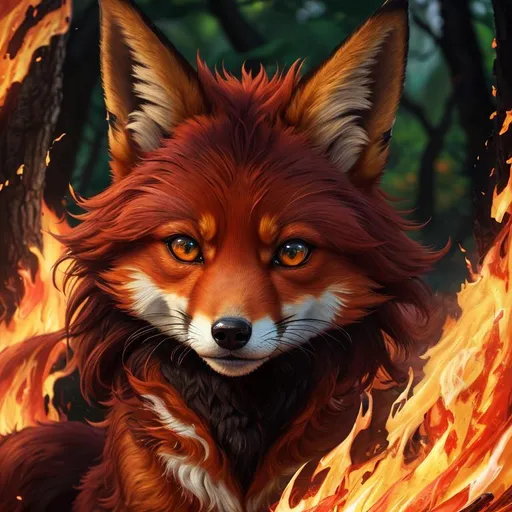 Prompt: remove fur, (8k, 3D, UHD, ultra sharp, very detailed, masterpiece, detailed oil painting) portrait of fire elemental ((fox)), (canine quadruped), adolescent female, silky crimson-red fur, emerald green eyes, 8k eyes, youthful, lively, lithe, black fur highlights, long silky hair on crest, plump, umber red mane, beautiful charming mischievous grin, wispy brown ears, wispy ruby-red mane flowers on fur, snow-capped trees, fur dusted with snow, forest, silky bushy tail, billowing mane, professional, unreal engine, dynamic, highly detailed